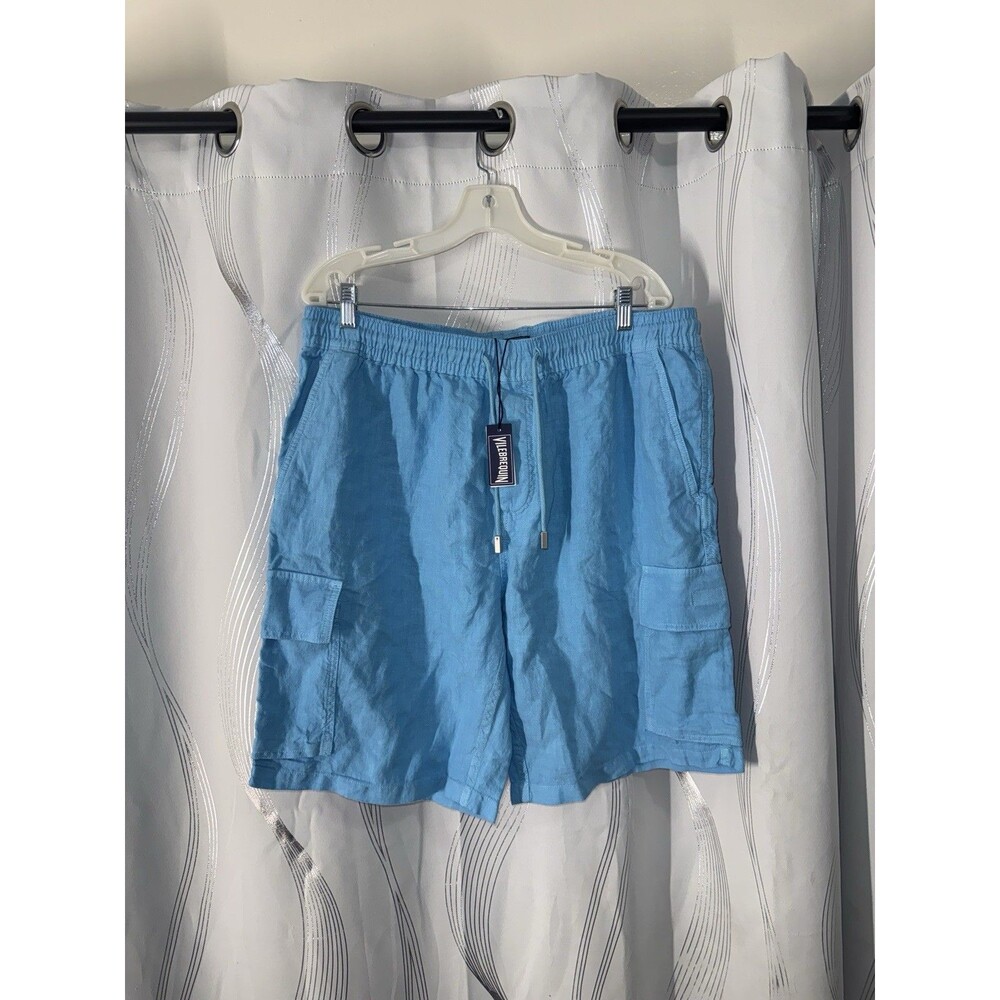 Vilebrequin Men’s Blue Solid Linen Cargo Shorts XL Drawstring Elastic Waist
